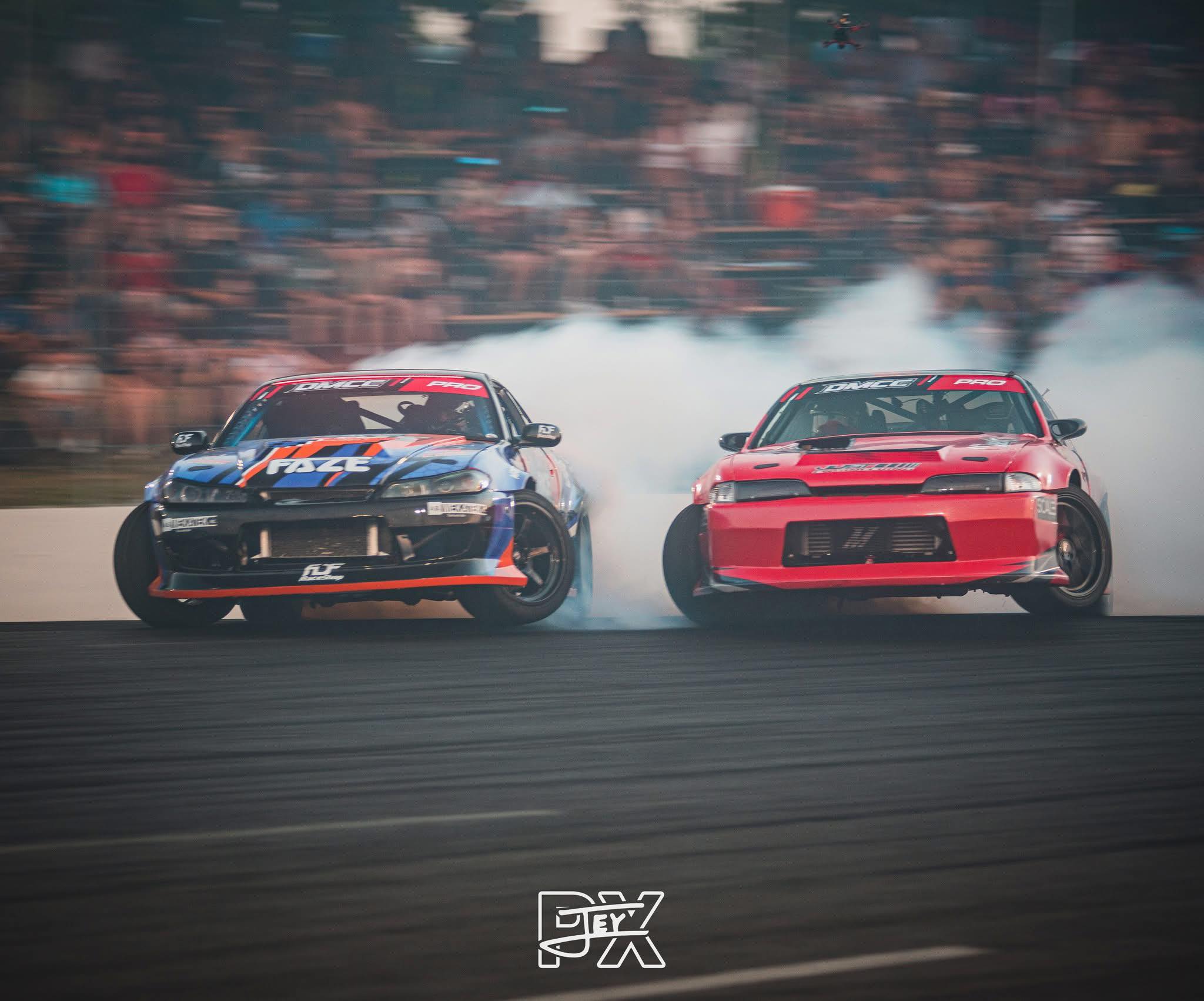 Competition drift car at angle on track